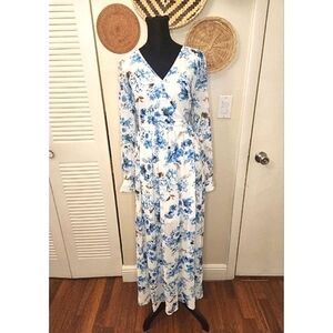 LAST ONE! Blue And White Floral Long Sleeve Maxi Wrap Dress